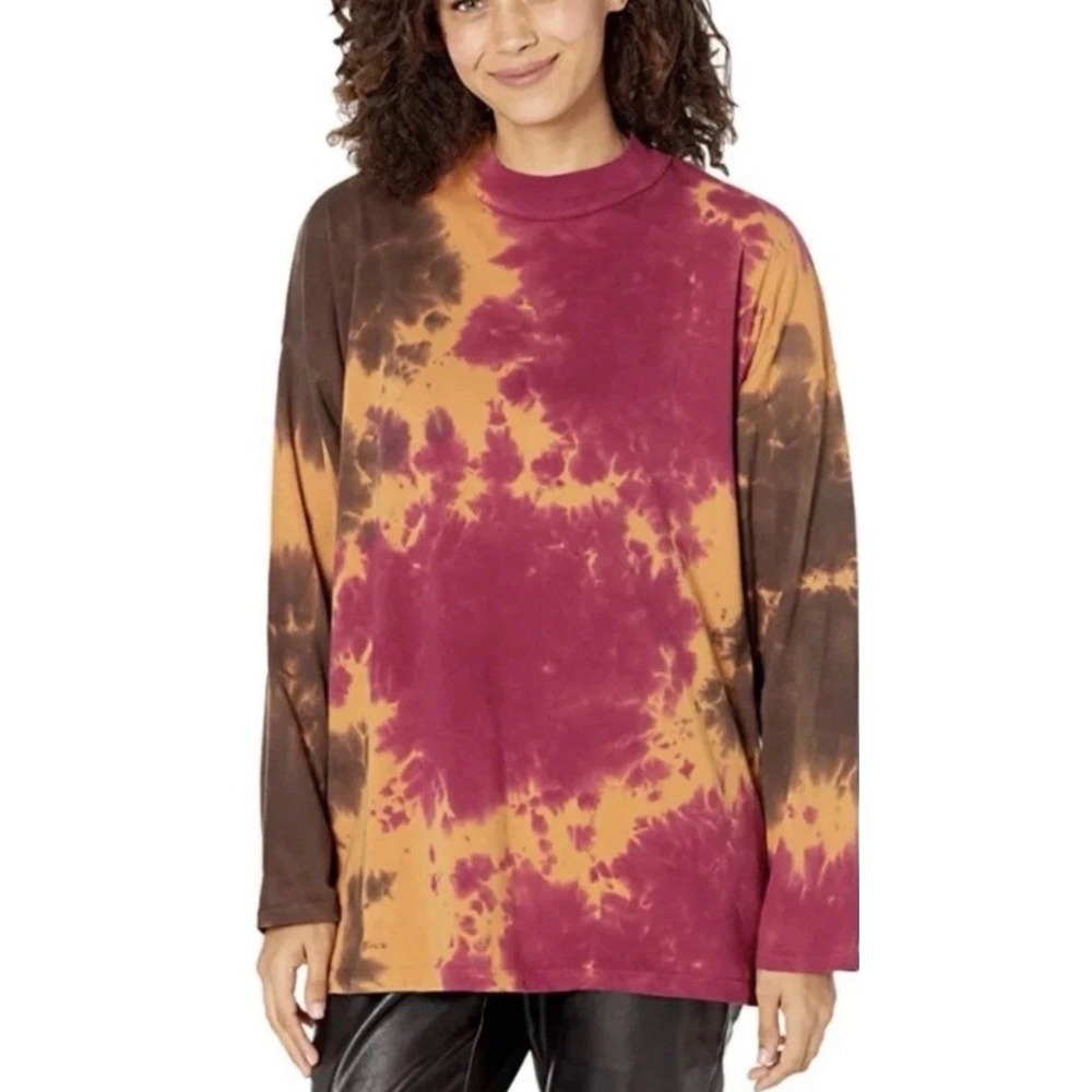 We The Free Free People French Roast Long Sleeve Tie Dye Mock Neck Tee Burgundy